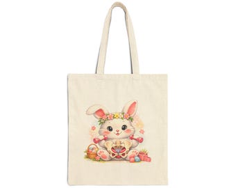 Cute Floral Bunny Illustration Tote Bag | Kawaii Easter Bunny Canvas Tote
