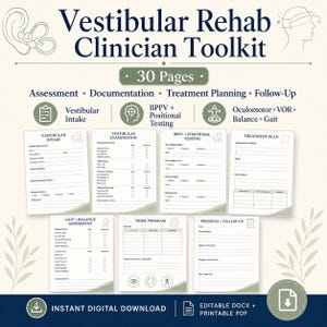 Puede incluir: Un kit de herramientas para clínicos de rehabilitación vestibular de 30 páginas en descarga digital, que incluye formularios de evaluación, documentación, planificación de tratamiento y seguimiento para pruebas y programas en casa.