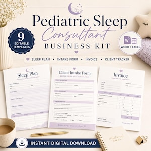 May include: A Pediatric Sleep Consultant Business Kit featuring 9 editable templates in Word and Excel. Includes a Sleep Plan, Client Intake Form, and Invoice. The documents are white with purple accents, featuring a moon and star logo design.