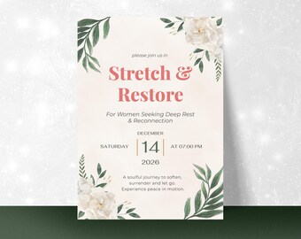 Bearbeitbare Wellness Event Flyer Vorlage Canva | Yoga Workshop Flyer | Frauen Retreat Einladung Heilung Kreis Event Poster Stretch