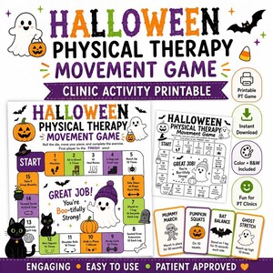 May include: A Halloween-themed physical therapy movement game printable featuring a board game layout with numbered exercise squares, a ghost, a black cat, and a pumpkin. Includes instruction cards for mummy march, pumpkin squats, bat balance, and ghost stretch exercises.