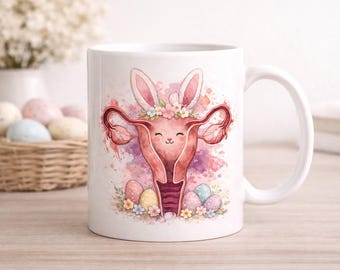 Uterus Gyno obgyn Cute Bunny with Easter Basket Mug | Pastel Floral Rabbit Coffee Cup