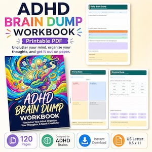 Puede incluir: Cuaderno de trabajo ADHD Brain Dump en PDF imprimible de 120 páginas. La portada presenta una colorida ilustración de un cerebro con bombillas y papeles. Incluye páginas internas para Daily Brain Dump, Priority Matrix y Emotional Dump.