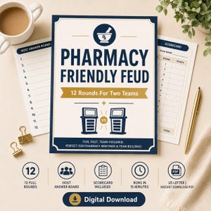 May include: A Pharmacy Friendly Feud game set featuring a central title card with a mortar and pestle icon, text reading 12 Rounds For Two Teams, and two podium illustrations. Includes a host answer board, a scorecard, and five circular icons.