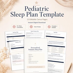 Può includere: Un modello digitale di piano del sonno pediatrico con 12 pagine Canva modificabili. Il documento include sezioni per i piani diurni, notturni e per i riposini, insieme a raccomandazioni sull'ambiente del sonno e una guida per i genitori.