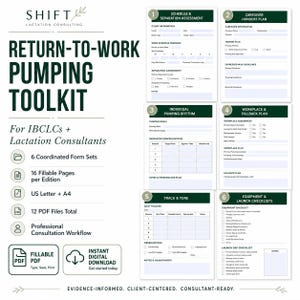 Könnte beinhalten: Ein Return-to-Work Pumping Toolkit für Stillberater mit sechs koordinierten Formularsets, sechzehn ausfüllbaren Seiten und zwölf PDF-Dateien. Das Dokument enthält Abschnitte zur Zeitplanung, Betreuungsübergabe, zum Abpump-Rhythmus und Checklisten.