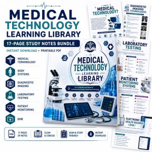 以下が含まれることがあります： 17ページのMedical Technology Learning Library学習ノートバンドル（印刷可能なPDF形式）。表紙には顕微鏡、タブレット、聴診器が描かれており、医療用語、身体システム、画像診断などのトピックに関するテキストが含まれています。