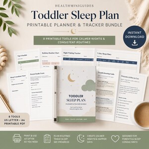 May include: A toddler sleep plan printable planner and tracker bundle featuring eight tools for routines. The cover displays a moon and cloud graphic with the text Toddler Sleep Plan. Includes a nap schedule, bedtime chart, and sleep diary.