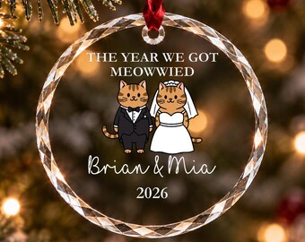 Può includere: Una decorazione natalizia circolare in vetro trasparente con bordo sfaccettato, appesa a un nastro rosso. Presenta un disegno di due gatti tigrati vestiti da sposi, con il testo THE YEAR WE GOT MEOWWIED, Brian & Mia e l'anno 2026.