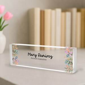 Personalized Acrylic Desk Name Plate, Custom Office Nameplate, Account Executive Name Sign, Floral Office Decor, Boss Name Holder