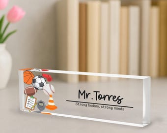 Sports Coach Desk Name Plate, PE Teacher Gift, Custom Office Decor, Motivational Name Plaque, Gift for Coach, Sports Desk Accessory