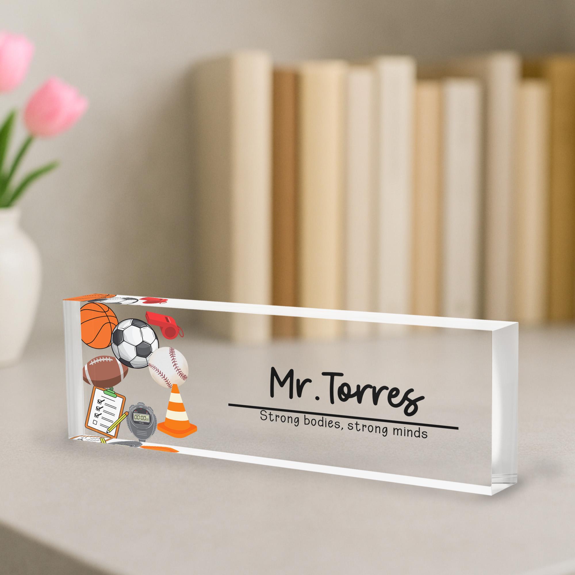 Sports Coach Desk Name Plate, PE Teacher Gift, Custom Office Decor, Motivational Name Plaque, Gift for Coach, Sports Desk Accessory