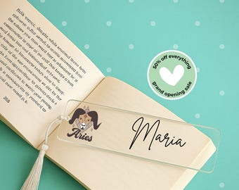 Personalized Acrylic Bookmark, Zodiac Bookmark, Aries Gift, Astrology Lover Present, Custom Name Bookmark, Book Lover Gift