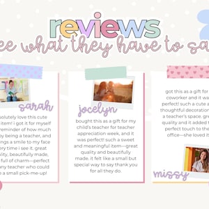 Puede incluir: Gr&aacute;fico en colores pastel con la palabra "reviews" y la frase "see what they have to say". Presenta tres testimonios de clientes con fotos, cada uno elogiando un producto como regalo para profesores y compa&ntilde;eros de trabajo.