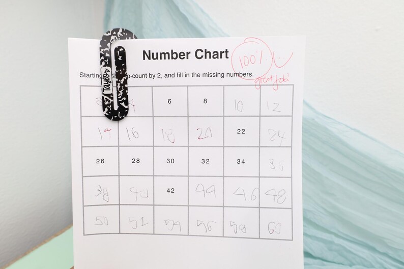 May include: A handwritten number chart, filled in with numbers counting by two. The chart is held by a black and white patterned paper clip. The chart has a grade of 100% and the words "great job" written in red.