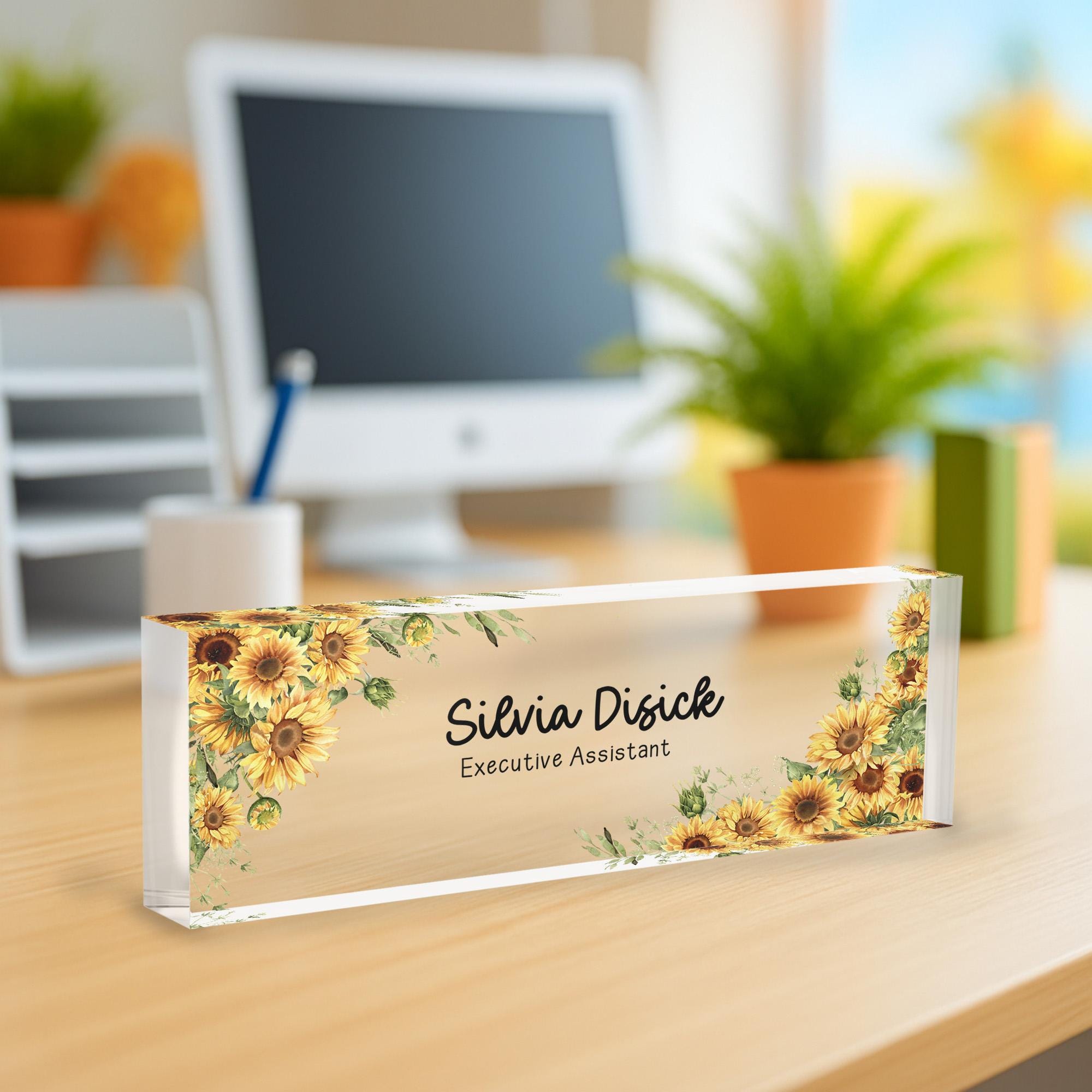 Personalized Teacher Desk Name Plate: Lighted Sunflower Decor