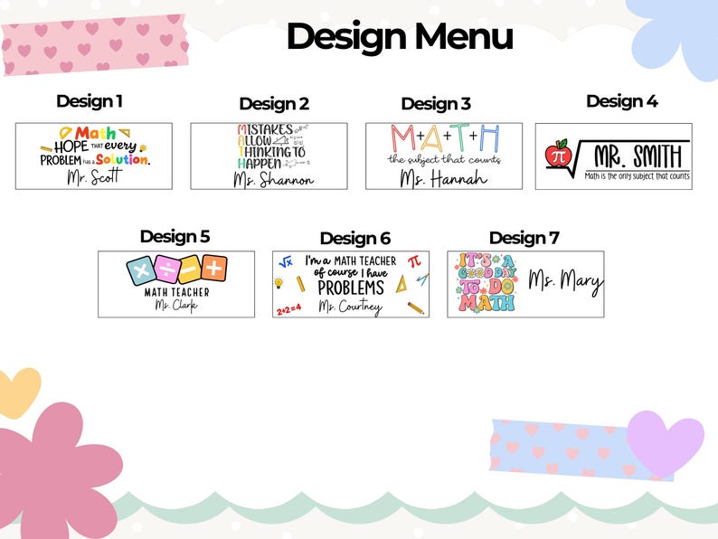 Puede incluir: Un men&uacute; de dise&ntilde;o con siete dise&ntilde;os tem&aacute;ticos de matem&aacute;ticas. Cada dise&ntilde;o incluye texto y gr&aacute;ficos, como ecuaciones, manzanas y citas inspiradoras. Los dise&ntilde;os est&aacute;n destinados a profesores, con nombres como Mr. Scott y Ms. Mary.