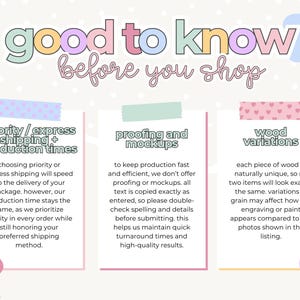 Puede incluir: Gr&aacute;fico en colores pastel con el texto "bueno saber antes de comprar". La imagen incluye tres secciones informativas sobre env&iacute;o, maquetas y variaciones de madera, con texto sobre fondo blanco.