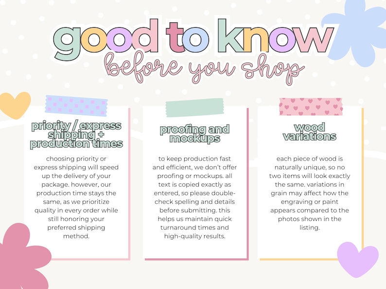 Puede incluir: Gr&aacute;fico en colores pastel con el texto "bueno saber antes de comprar". La imagen incluye tres secciones informativas sobre env&iacute;o, maquetas y variaciones de madera, con texto sobre fondo blanco.