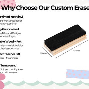 Puede incluir: Un borrador personalizado con una parte superior de fieltro negro, base de madera clara y dimensiones de 13 cm de largo y 4,6 cm de ancho. La imagen incluye texto que destaca caracter&iacute;sticas como impresi&oacute;n UV, personalizaci&oacute;n y durabilidad.