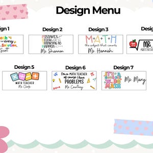 Puede incluir: Un men&uacute; de dise&ntilde;o con siete dise&ntilde;os tem&aacute;ticos de matem&aacute;ticas. Cada dise&ntilde;o incluye texto y gr&aacute;ficos, como ecuaciones, manzanas y citas inspiradoras. Los dise&ntilde;os est&aacute;n destinados a profesores, con nombres como Mr. Scott y Ms. Mary.