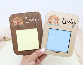 Personalized Rainbow Sticky Note Holder, Teacher Appreciation Gift, Encouragement Note Holder, Desk Accessory, Boho Rainbow Decor