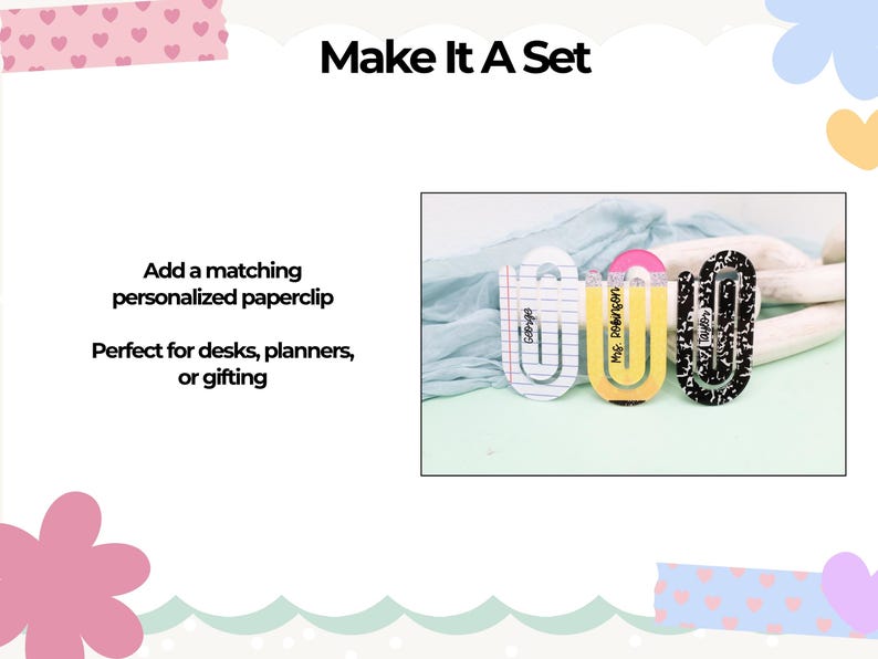Puede incluir: Un juego de tres clips de papel personalizados. Uno es blanco con dise&ntilde;o de papel rayado, otro es amarillo con la parte superior rosa y el tercero es blanco y negro con un dise&ntilde;o moteado. El texto "Make It A Set" est&aacute; en la parte superior.
