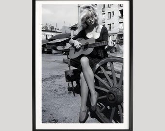 Brigitte Bardot Poster, Black and White Photography Print, Vintage Guitar Scene, Candid Celebrity Portrait, Classic French Cinema Wall Art