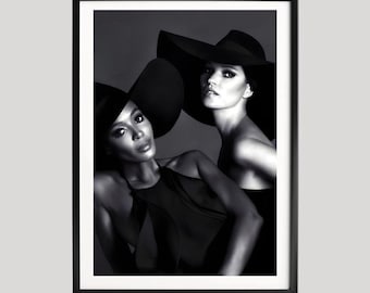 Stampa di Kate Moss e Naomi Campbell, fotografia di moda, ritratto di supermodelle