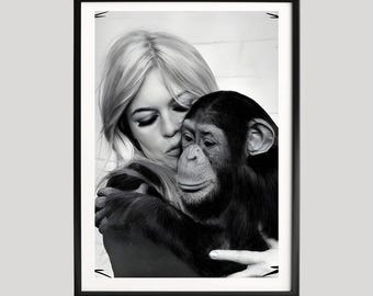 Fotografía en blanco y negro de Brigitte Bardot, arte mural vintage de celebridades.