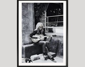Brigitte Bardot Poster, Black and White Photography Print, Vintage Guitar Portrait, Candid Celebrity Scene, Classic French Cinema Wall Art