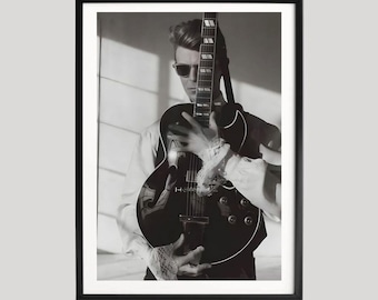 David Bowie Performing with Guitar Print, Black and White Photography, Iconic Bowie Moment, Vintage Bowie Shot, Classic Rock Photography