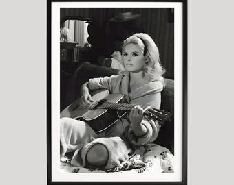 Brigitte Bardot Poster, Black and White Photography Print, Intimate Guitar Moment, Celebrity Portrait, Classic French Cinema Wall Art