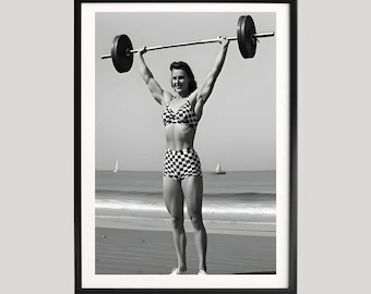 Strong Woman Poster, Black and White Fitness Photography, Retro Weightlifting Wall Art, Beach Workout Print, Museum Quality Fine Art Decor