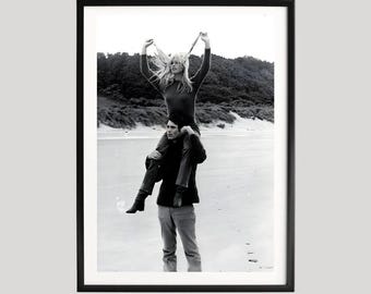 Brigitte Bardot Poster, Black and White Photography Print, Candid Beach Scene Vintage Celebrity Portrait, Classic French Cinema Wall Art
