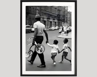 Father and Children Walking Wall Art, Black and White Street Photography Print, Urban Family Fine Art Poster, Heartwarming Vintage Decor