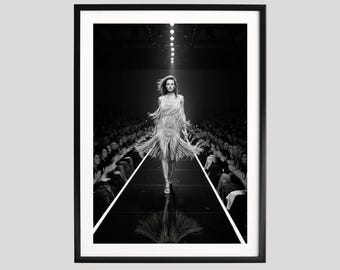Kate Moss Poster, Fashion Runway Model, Black and White Photography Print, Haute Couture Wall Art, Fine Art Poster, Glamorous Fashion Decor