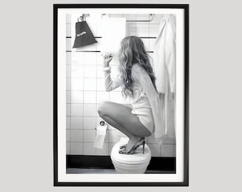 Bathroom Balance, Black and White Humor Photography, Playful Vintage Style Restroom Scene, Quirky Modern Wall Art Print