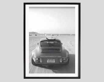 Classic Car at the Beach, Black and White Classic Car Photography, Surf Lifestyle Aesthetic, Vintage Sports Car Poster, Coastal Minimal Art