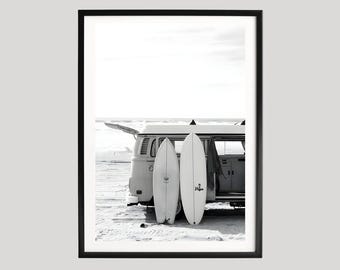Surf Van at Beach Poster, Black and White Surf Photography with Vintage Camper and Surfboards, Coastal Lifestyle Wall Art
