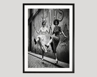 Vintage Dancing Women, Black and White Photography Print, Retro Wall Art, Fine Art Print, Joyful Street Scene, Museum Quality Poster