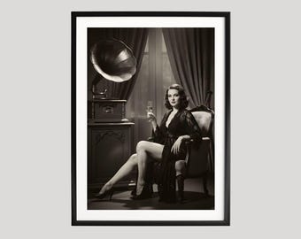 Glamour vrouw fotografie, zwart-wit print, elegante retro kunst aan de muur, jaren 1940 boudoir portret, oude Hollywood-kunst, klassieke luxe foto