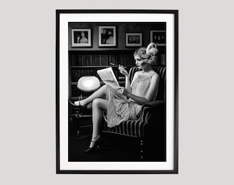 Flapper Woman Reading Poster, Black and White Photography Print, Fine Art Print, Vintage Glamour Wall Art, 1920s Retro Decor Poster