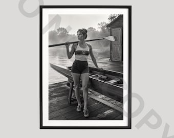 Rowing Poster, Black and White Rower Print, Retro Sports Photography, Classic Rowing Art, Female Athlete Portrait, Rowing Art Gift