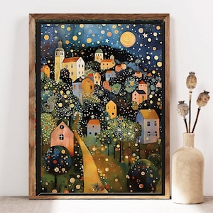 Gustav Klimt Moon Night Poster, Village Night Print, Klimt Moon Stars Tree Painting, Klimt Exhibition Poster, Klimt Museum Art, Wall Décor