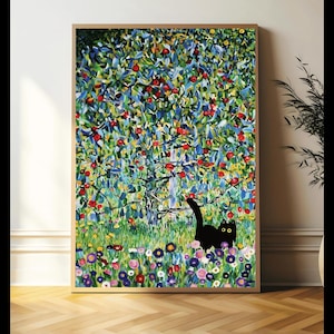 Gustav Klimt Garden Cat Poster, Apple Tree Black Cat, Floral Art Print, Black Cat Art, Funny Cat print, Wall Art Print, Cat Poster