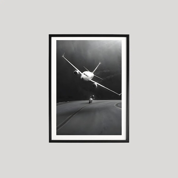 Motorcycle and Airplane Poster, Black and White Photography, Adventure Wall Art, High-Speed Print, Museum Quality Fine Art Photo