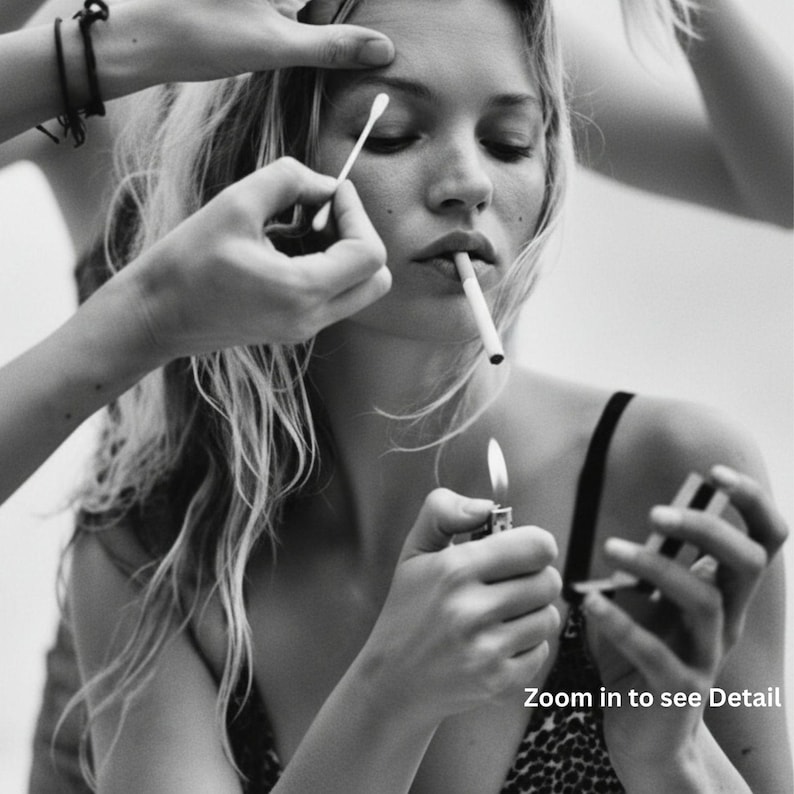 May include: Black and white image of a person with blonde hair, wearing a leopard print top, holding a cigarette in their mouth. A lighter is held in one hand, and a cotton swab is held near the eyebrow. The text "Zoom in to see Detail" is visible.