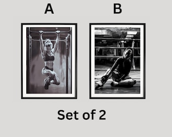 Set Of 2 Powerful Woman Gym Photography Print, Black White Workout Poster, Modern Fitness Room Wall Decor