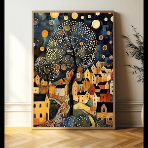 Gustav Klimt Village Night Poster, Gustav Klimt Painting, Klimt Moon Stars Tree Wall Art Print, Tree Artwork Print, Digital Download